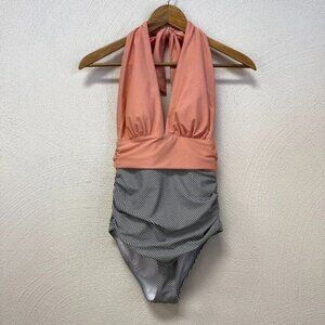 NWT Cupshe One Piece Push Up Deep V Contrast Fabric Backless Swimsuit Size Small